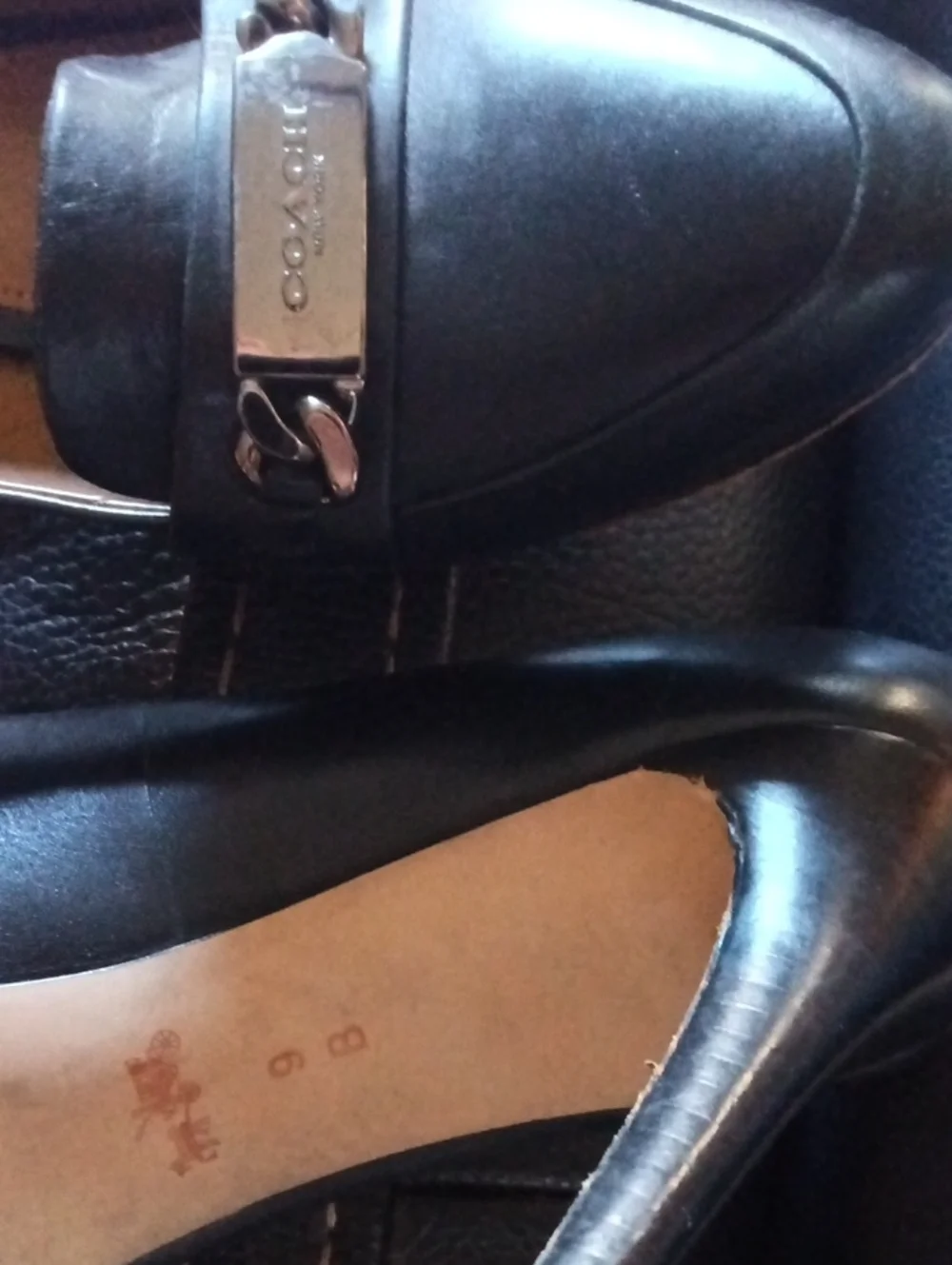 Coach Black Leather Heel Pumps with Metal Logo Plaque